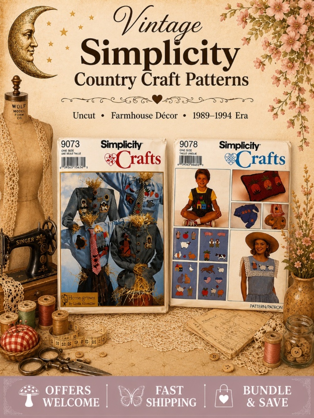 Lot of 2 Vintage Simplicity Crafts Patterns Appliqué Scarecrow Uncut